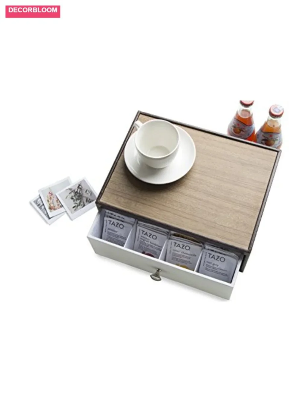 Tea Bag Organizer Countertop with Drawer 12 Compartments Acrylic Leather